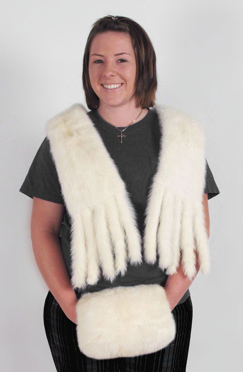 2 PC SNOWY WHITE MINK MUFF AND SCARF: 2 PC SNOWY WHITE MINK MUFF AND SCARF: 1) Scarf has tail tassels at the ends with a white cotton lining. Is 59" in length from tail tip to tail tip. 2) Muff has a white satin lining with zippered inner