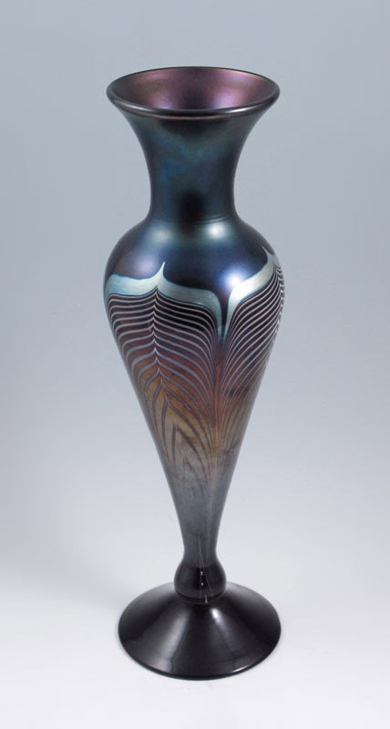STUART ABELMAN PULLED FEATHER ART GLASS VASE: STUART ABELMAN PULLED FEATHER ART GLASS VASE: 13 1/4" tall. Signed and dated 1980. Numbered V350-90.