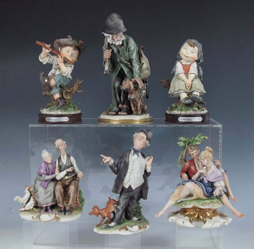 4 CAPPE ITALIAN PORCELAIN AND 2 ARMANI FIGURINES: GROUP OF 4 CAPPE ITALIAN PORCELAIN FIGURINES AND 2 ARMANI: Cappe and Armani. 1) Cappe "Springtime", 8 1/2" x 7 1/2". 2) Cappe "Vagabond with Dog", 10" x 6 1/2". 3) Cappe "Braggart", 9" x 5 1/2'. 4) Ca