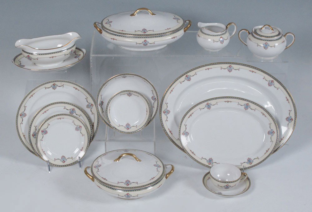 NORITAKE LAUREATE PATTERN CHINA SERVICE: NORITAKE LAUREATE PATTERN CHINA SERVICE: Approx. 88 pieces in the Laureate pattern 61235 by Noritake to include 12 plates (10"), 12 salad plates (7 3/4"), 12 bread plates (6 1/2"), 11 bowls (7 3/8"), 