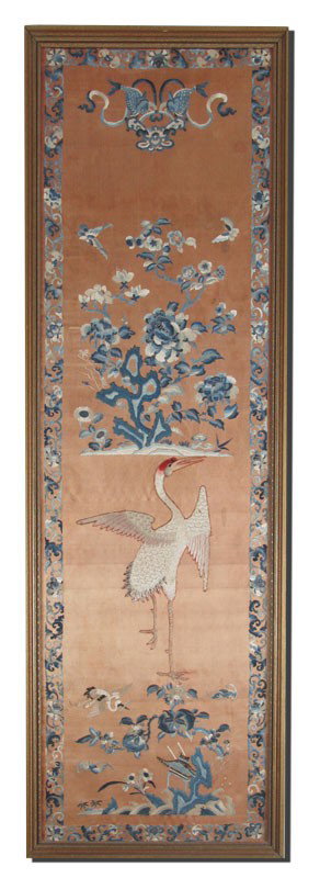 5 FT TALL CHINESE SILK EMBROIDERY: 5 FT TALL CHINESE EMBROIDERY: Silk on silk, framed under light-weight Plexiglass. Measures 63 1/2" tall x 21 1/2".