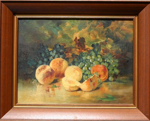 EARLY 20TH C STILL LIFE OF FRUIT SIGNED PAINTING: GOOD QUALITY STILL LIFE OF FRUIT SIGNED LOWER RIGHT GUION?: O/C, 12" X 16", Michael Brown Co. label affixed verso, Pennsylvania, encased in a later wood frame, 16" x 20".