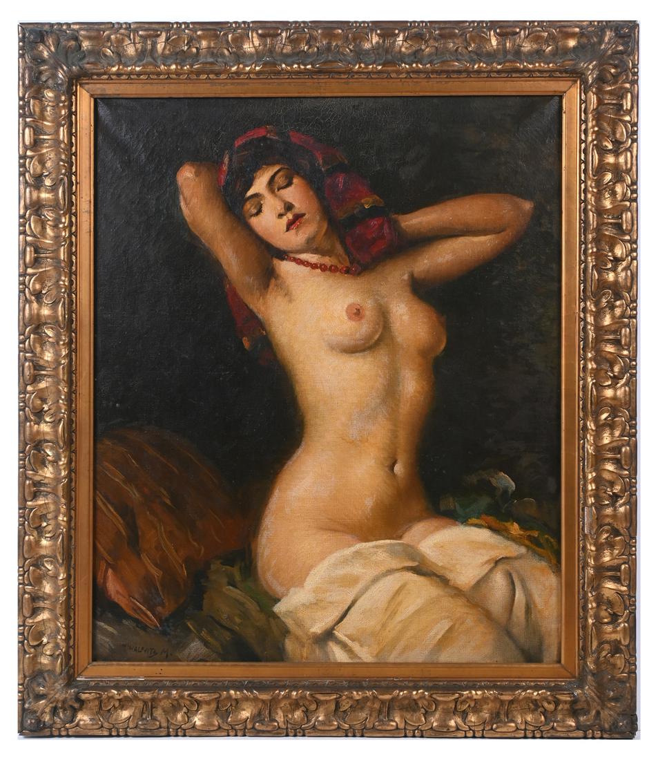 MIHALOVITS GYPSY NUDE BEAUTY PAINTING: MIHALOVITS, Miklos, (Hungarian, 1888-1960): Nude Gypsy Beauty, Oil/Canvas, 33.5" x 27.5", signed lower left, period frame, 41.5" x 36".