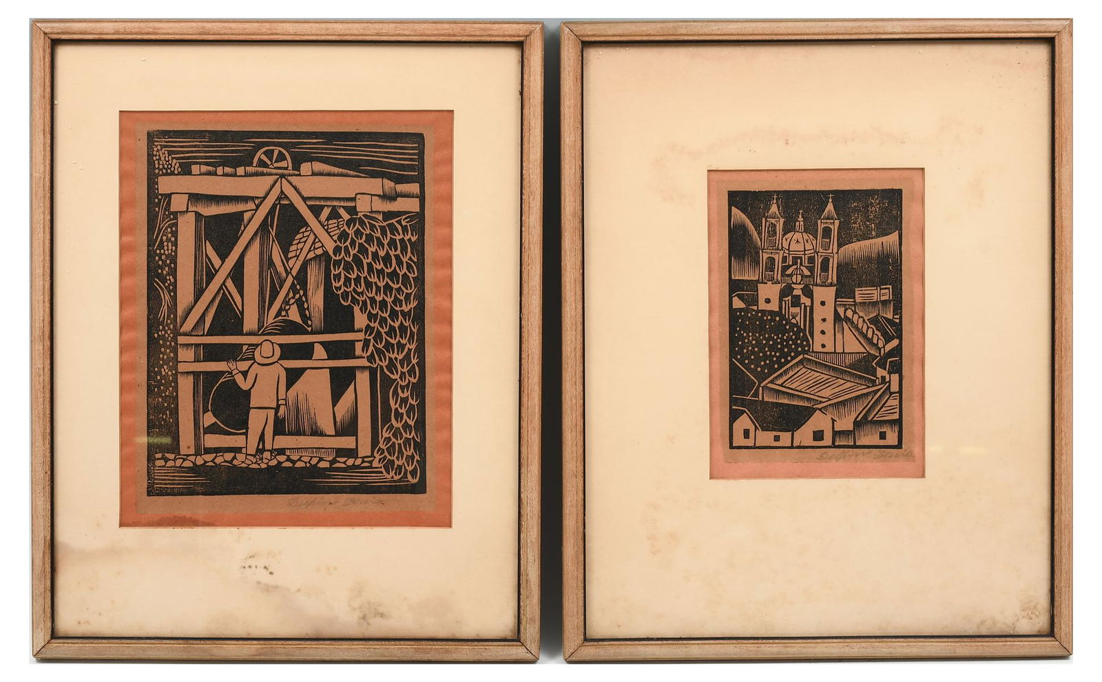 TWO DELFINO GARCIA WOODCUTS: GARCIA, Delfino, (Mexican/American, b. 1917): Two Woodcuts: 1) Industrial Scene of a WPA Field, sight size 8.75" x 6.75", signed lower right; 2) Town Scene, sight size 7" x 5", pencil signed lower rig