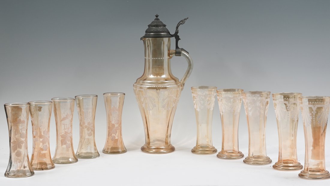 11 PC. ENAMELED IRIDESCENT GLASS PITCHER & GLASSES (1 of 7)