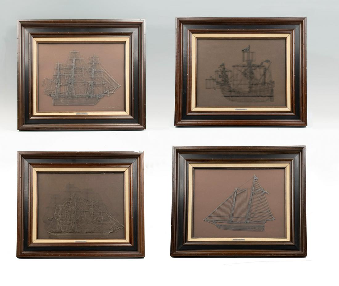 4 PC. FRAMED STERLING FRANKLIN MINT BOATS: 4 PC. STERLING FRANKLIN MINT BOATS SILHOUETTES: All framed. Including; 1- The Clipper Ship, ''The Cutty Sark'', 1- The Nao, ''Santa Maria'', 1- The Schooner Yacht, ''America'', & 1- The Frigate, ''La 
