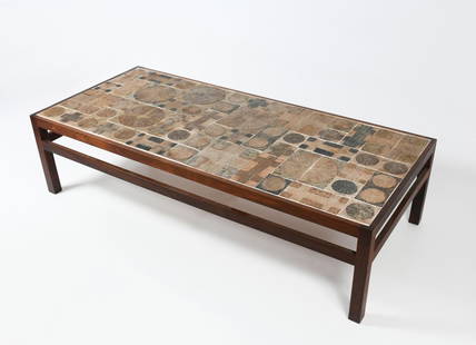 MID-CENTURY MODERN TILE-TOP COFFEE TABLE: MID-CENTURY MODERN TILE-TOP COFFEE TABLE: Willy Beck and Tue Poulsen Coffee table, 1960s. Underside with manufacturer's paper label printed Snedkermester Willy Beck. Glazed earthenware top in a Rosewo