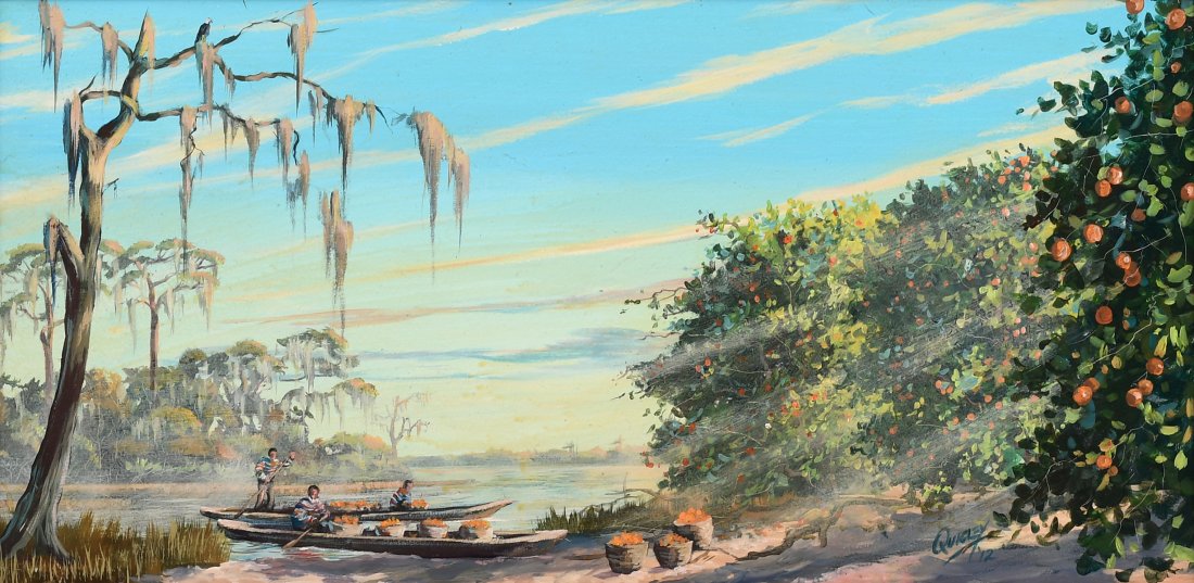 QUIGLEY CONTEMPORARY FLORIDA ORANGE GROVE SEMINOLE: QUIGLEY CONTEMPORARY FLORIDA ORANGE GROVE SEMINOLE INDIAN PAINTING: Scene Depicts Florida Waterway with Seminole Indians in Canoes Collecting Oranges Near a Grove, Oil/Board, 12'"x 24", signed lower r
