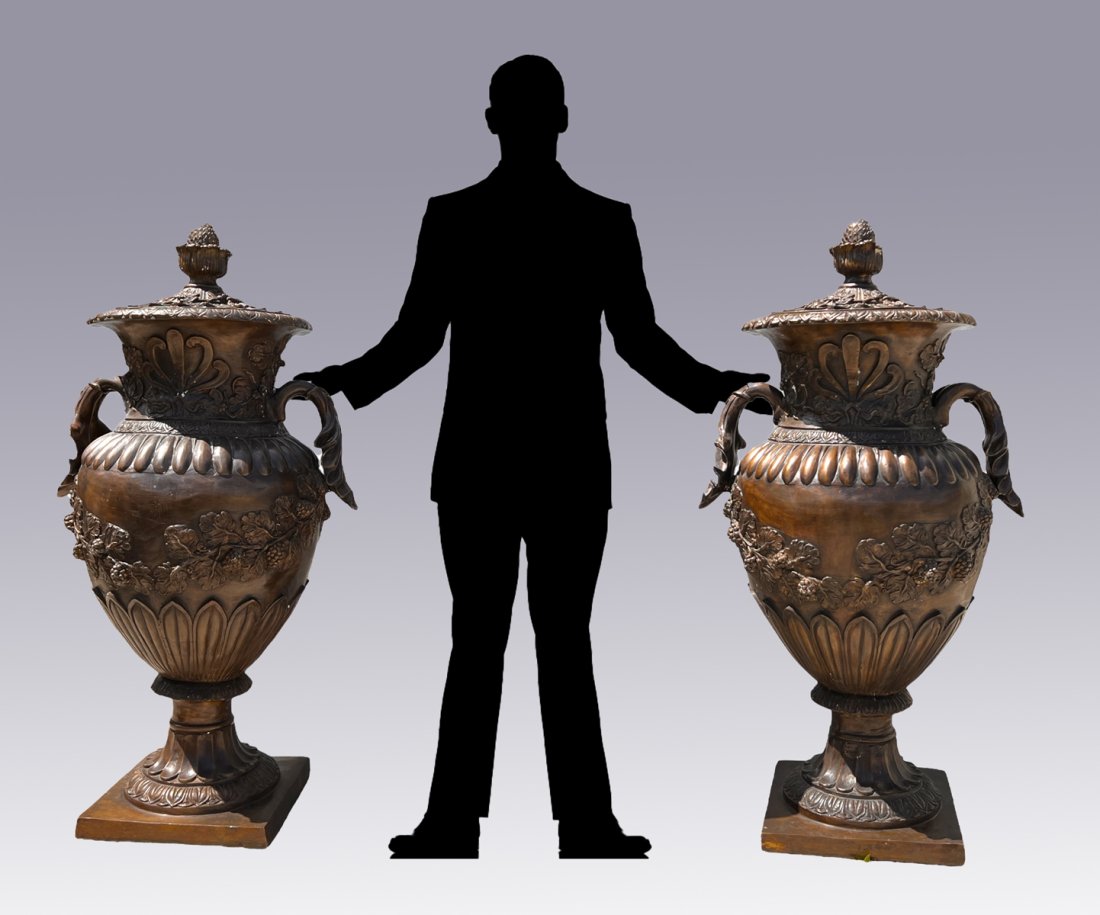 PAIR OF PALATIAL BRONZE GRAPEVINE LIDDED URNS (1 of 8)