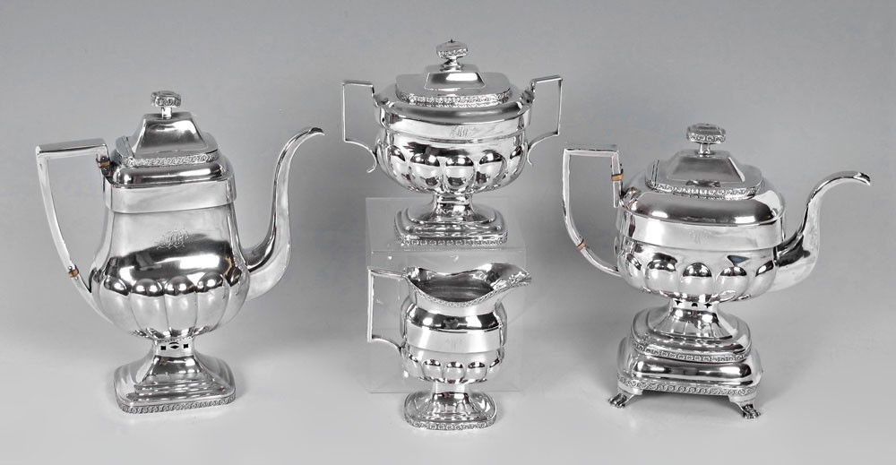 ASSEMBLED EARLY AMERICAN COIN SILVER TEA SERVICE: A GOOD ASSEMBLED EARLY AMERICAN COIN SILVER TEA SERVICE: Late 18th to early 19th century, 5 assembled pieces in similar, but not identical, patterns to include 1) John & Pete Targee coffee pot with em
