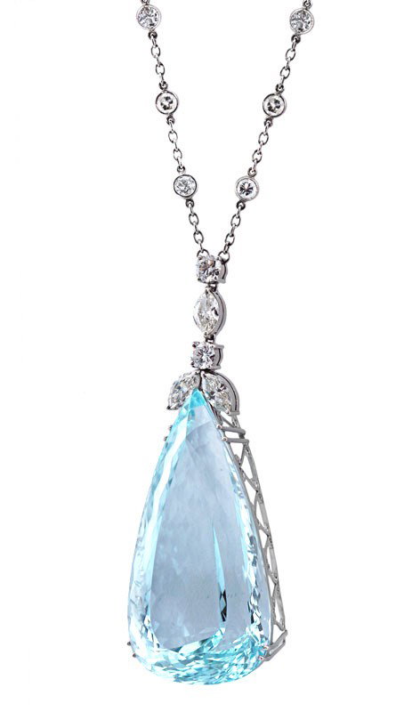 93.91 CT AQUAMARINE PLATINUM NECKLACE w /DIAMONDS