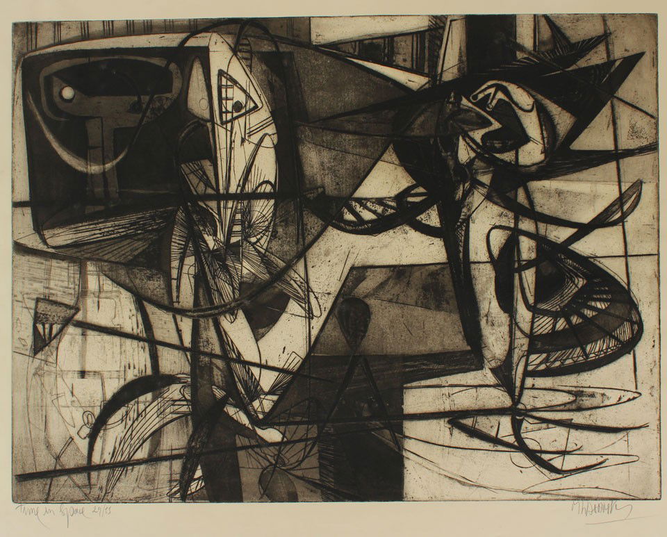 MAURICIO LASANSKY TIME IN SPACE ETCHING: LASANSKY, Mauricio, (American, 1914-): "Time in Space", Etching, 22 1/4" x 29 1/4" with margins, pencil signed lower right, titled lower left, numbered 29/55, unframed.