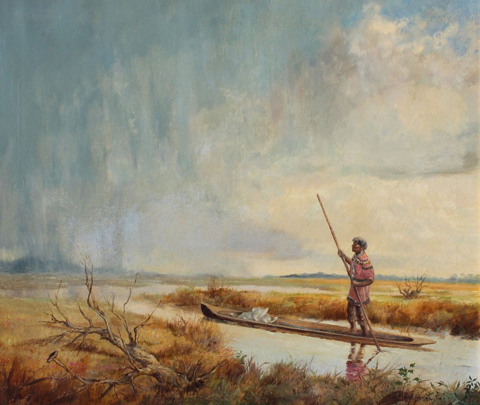 HUTCHINSON AMERICAN INDIAN PLUME HUNTER PAINTING: HUTCHINSON, James, (American, 1931-): "Plume Hunter", American Indian Poling His Canoe in a Marsh With Storm Approaching, Oil/Canvas, 20" x 24", signed lower right, gilded and carved frame, 27" x 31".