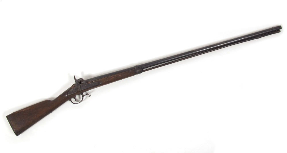 RELIC SPRINGFIELD MODEL 1842 PERCUSSION MUSKET: RELIC SPRINGFIELD MODEL 1842 PERCUSSION MUSKET: Model 1842 percussion marked Springfield and dated 1850. Stock has been altered, cut down and barrel rings added to hold replacement rod. .69 caliber 42