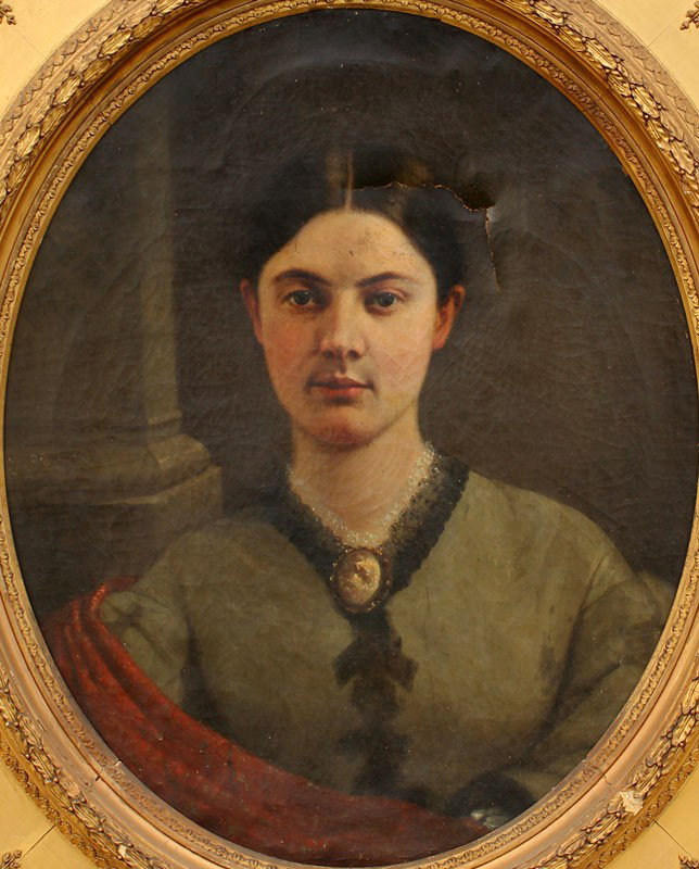 SILAS JEROME UHL SR PORTRAIT PAINTING: UHL, Silas Jerome Sr., (American, 1842-1916): Portrait of a Young Woman, Oil/Canvas, Oval 27'' x 21 1/2'', signed upper left and dated 1873, encased in a period gilded and carved frame with applied fo