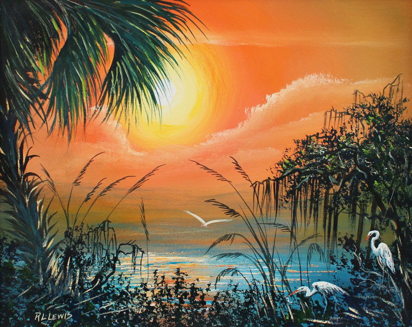 R. L. LEWIS FLORIDA HIGHWAYMEN PAINTING: LEWIS, Robert Lewis, (American, 20th Century): Florida Highwaymen coastal scene featuring birds and trees, OIL/Canvas, signed front and verso with original R. L. Lewis gallery tag on frame. 16" x 20",