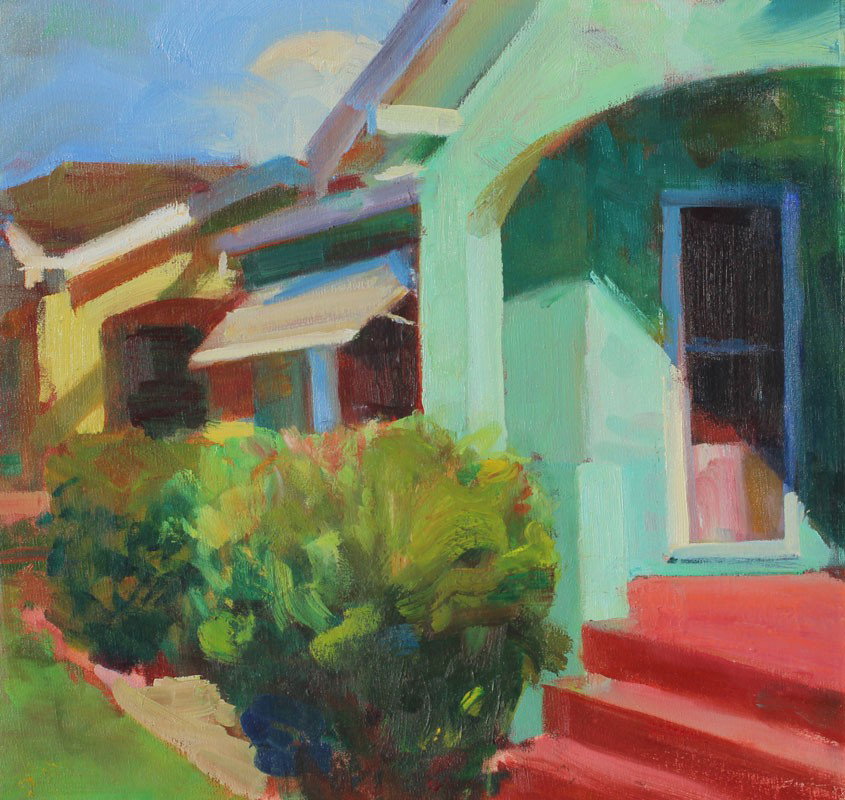 GAVIN BOYD LANDSCAPE PAINTING GUMP'S: GAVIN, Boyd, (American, 20th C.): ''Landscape #2'', Oil/Canvas, 20'' x 20 3/4'', label affixed verso from Gump's Gallery San Francisco, titled on the stretcher, framed, 23'' x 24''.
