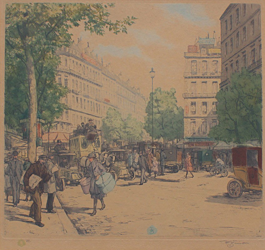 T.F. SIMON PARISIAN STREET SCENE ETCHING: SIMON, Tavik Frantisek, (Czech, 1877-1942): Parisian Street Scene, Etching and Aquatint, sight size 14'' x 15 1/2'', pencil signed lower right, artist's cipher in the plate and in the lower left margi