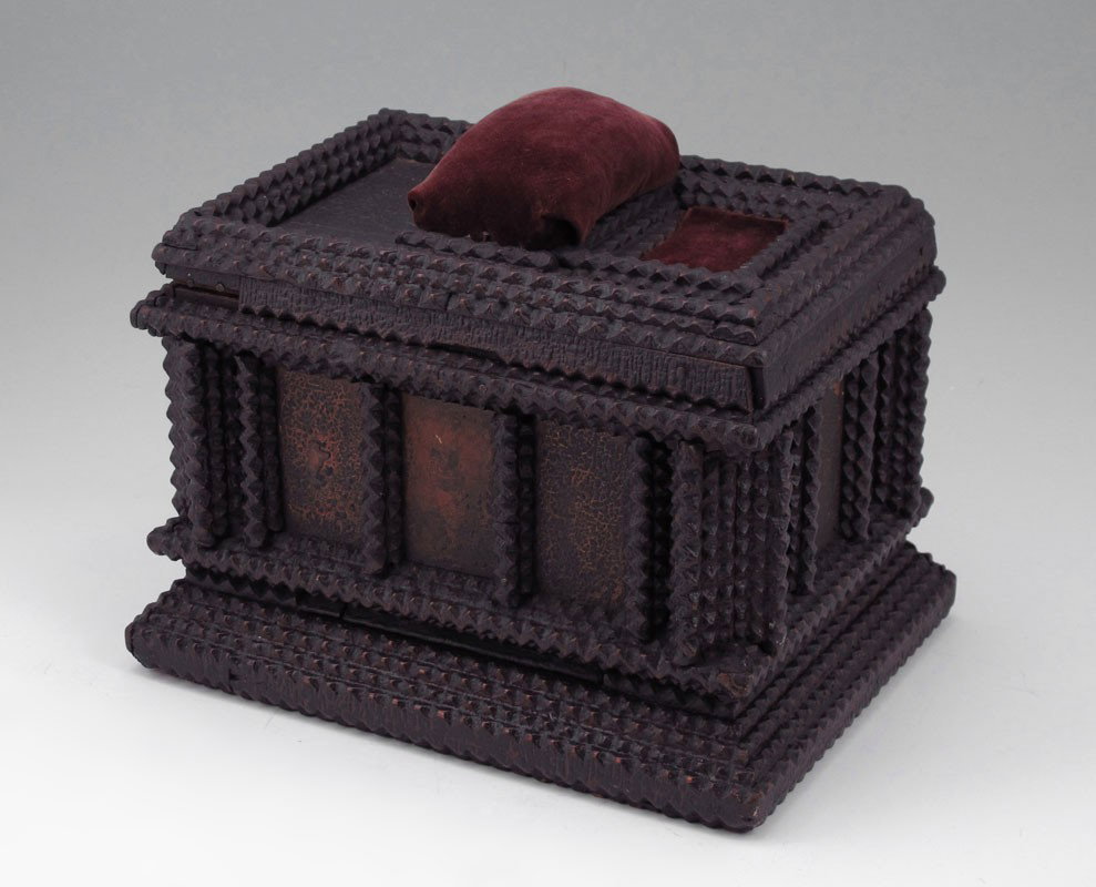 TRAMP ART SEWING BOX: TRAMP ART SEWING BOX: Hinged lid with pin cushion on top. 7'' h. x 10'' x 7 1/2''