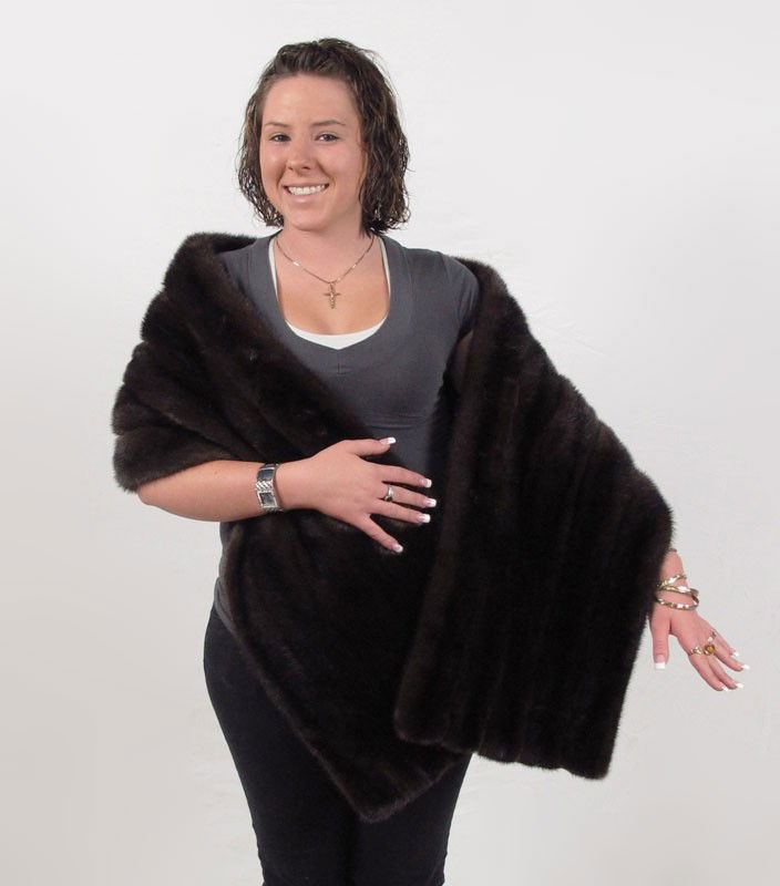 SAKS CHOCOLATE BROWN MINK WRAP: SAKS CHOCOLATE BROWN MINK WRAP: SAKS Penn-Fifth Avenue - New York, large chocolate brown to black mink wrap. Lined with deep chocolate satin and accented with chocolate velvet ribbon. Monogrammed on t