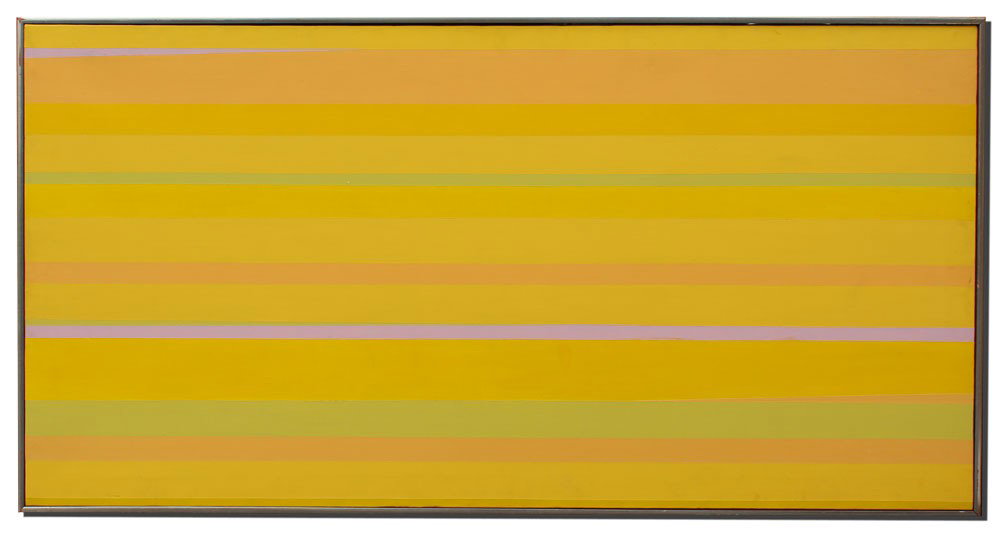 JEANNE LEVIN REFLECTED YELLOW PAINTING: LEVIN, Jeanne, (American, 20th c.): ''Reflected Yellow'', 1971, Acrylic/Canvas, 26'' X 50'', Hokin Gallery label verso.