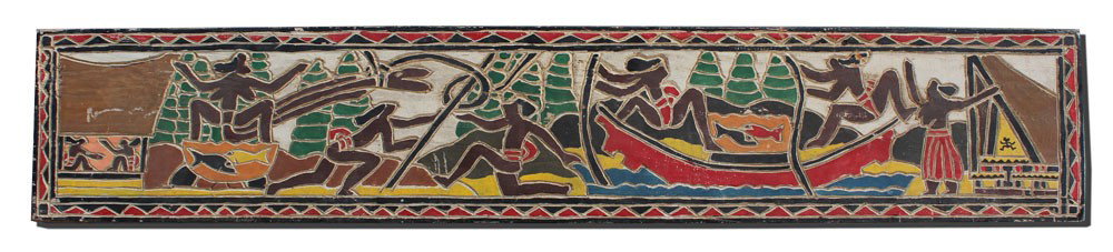 CHOSECH ? CARVED WOOD PANEL: HAND CARVED AND PAINTED PANEL DEPICTING AN ISLAND CULTURE, POSSIBLY POLYNESIAN: 6 1/2'' x 35 1/2'', label affixed verso, illegibly signed 'CHOSECH?'.