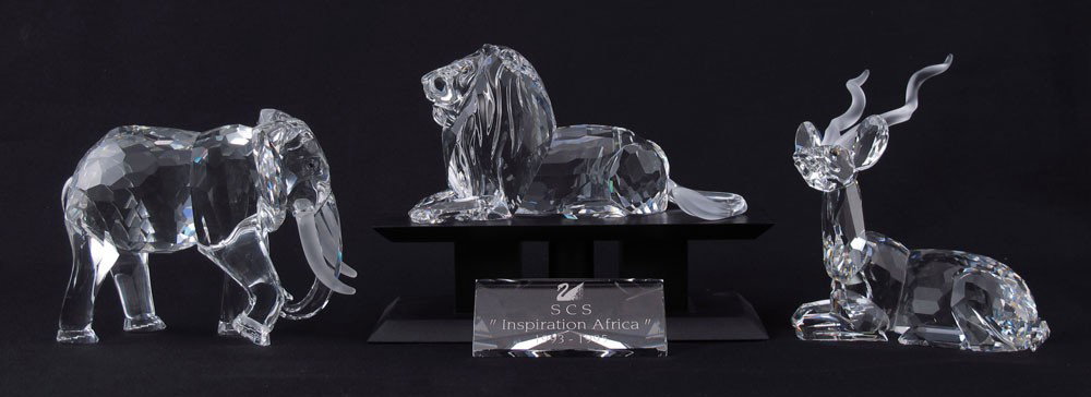SWAROVSKI CRYSTAL INSPIRATION AFRICA FIGURINES: SWAROVSKI CRYSTAL INSPIRATION AFRICA FIGURINES: To include, 1993 The ELEPHANT D01X931, Martin Zendron designer, repair to tusks; 1994 The KUDU D01X941, Michael Stamey designer, no certification, bad b