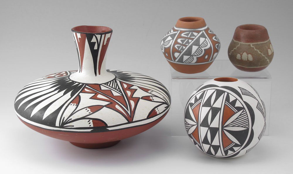 4 PIECE COLLECTION SOUTHWEST NATIVE POTTERY: 4 PIECE COLLECTION SOUTHWEST NATIVE POTTERY: To include 1) Mary Small miniature pot, from Espinola, N.M., Jemes Pueblo 2 3/4" h. x 3" dia.. 2) Becky Pasquale, Acoma, N.M., High cliff 1980, this Pueblo