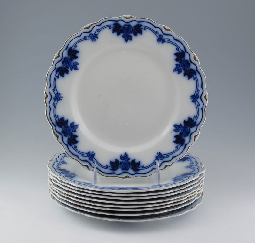 9 GRINDLEY THE HOFBURG ENGLISH FLOW BLUE PLATES: WH GRINDLEY & CO ENGLISH FLOW BLUE PLATES CA. 1914-1925. Set of 9 in The Hofburg pattern, 9 3/4" dia.
