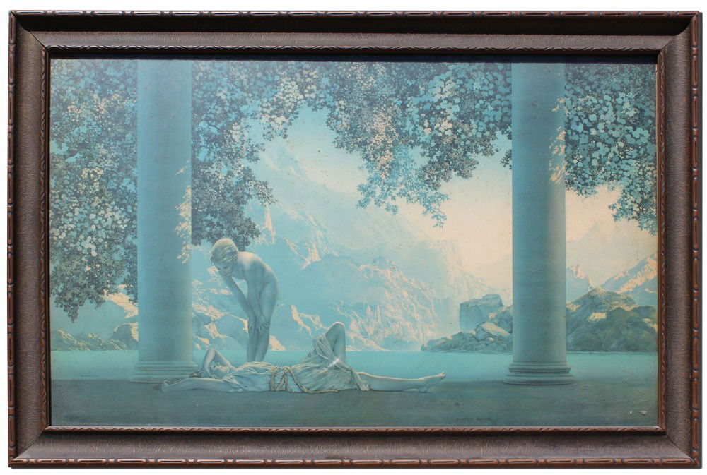 MAXFIELD PARRISH DAYBREAK: PARRISH, Maxfield, (American, 1870-1966): "Daybreak", House of Art Print, 18" x 30", original frame with minor wear, 22" x 33 1/2".