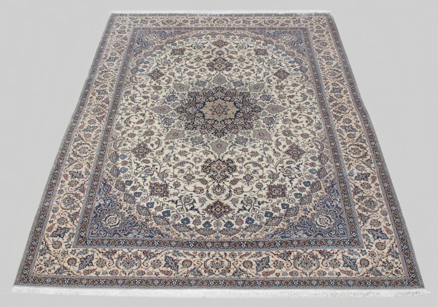 FINE PERSIAN SILK & WOOL RUG 10 X 14: PERSIAN NAIN HAND KNOTTED WOOL AND SILK RUG, 9' 10'' x 13' 10'': This beautiful Persian rug is extremely finely woven with a pile of wool with silk highlights using a palette of blues, greys, beige, w