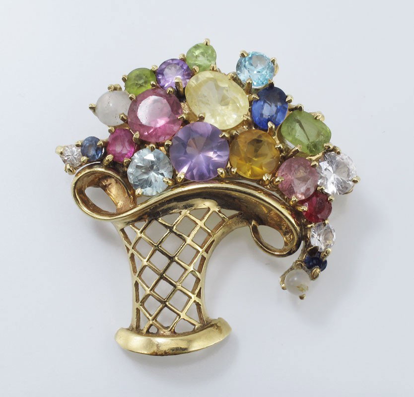 14K MIXED GEMSTONE BASKET BROOCH 10.9 GR: 14K MULTI GEMSTONE BASKET BROOCH: 14K yellow gold basket brooch/pendant contains 18 gemstones including amethyst, citrine, sapphire, tourmaline, zircon, CZ, peridot and 3 stones of unknown origin. The