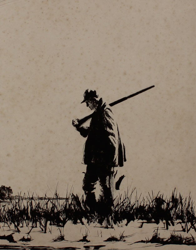 CHURCHILL ETTINGER LONE GUNNER ETCHING: ETTINGER, Churchill, (American, 1903-1985): ''Lone Gunner'', Drypoint Etching, 12 5/8'' x 9 7/8'' with margins, pencil signed lower right, titled lower left, plate size 9 3/4'' x 7 7/8'', unframed.