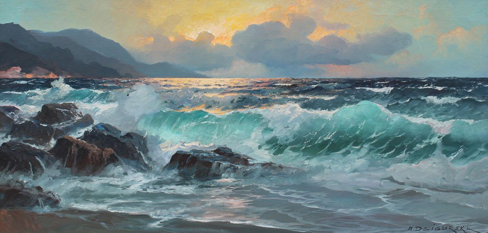 ALEXANDER DZIGURSKI CALIFORNIA COASTAL PAINTING: DZIGURSKI, Professor Alexander, (American, 1911-1995): California Coastal Surf, Oil/Canvas, 24'' x 48'', signed lower right, encased in original carved and painted frame, 32'' x 56'', ''Copyright Prof