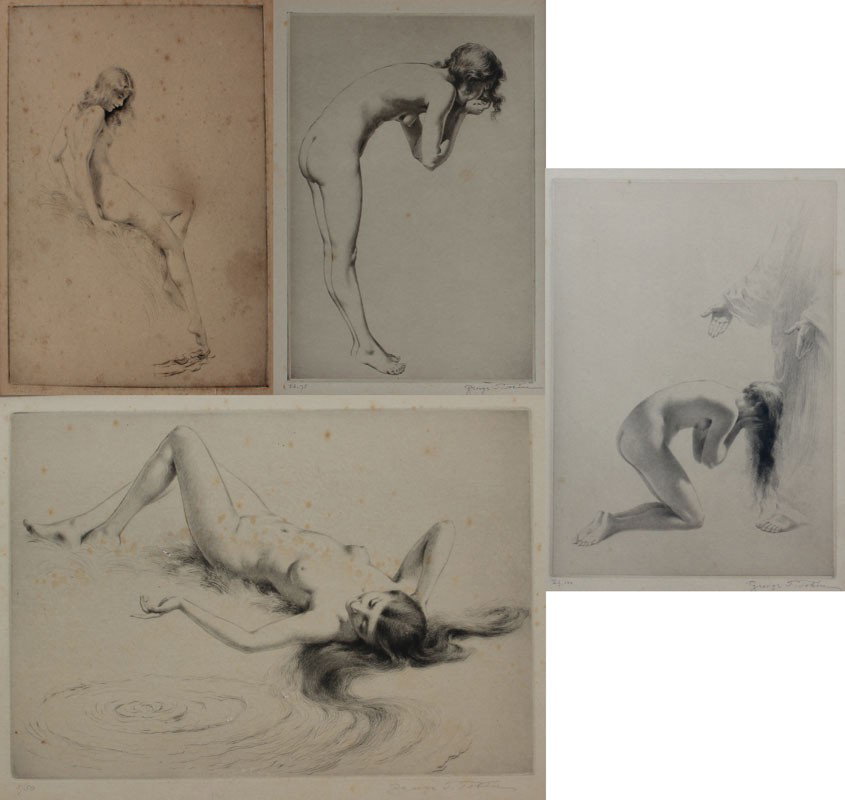 4 GEORGE TOBIN NUDE ETCHINGS: TOBIN, George, (American, 1864-1956)): TOBIN: 4 Piece Nude Etching Lot to include 1) Standing Female Nude Drinking Water From Cupped Hands, sight size 10 /8'' x 7 1/8'', pencil signed, numbered editio