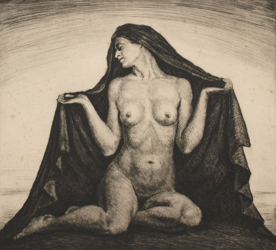 ILLEGIBLY SIGNED NUDE ETCHING: Illegibly Signed Female Nude Etching: Depicts a seated woman removing a cloak, 14 7/8'' x 19 3/4'' with margins, pencil signed illegibly lower right, numbered 12/100 lower left, plate size 12 1/2'' x