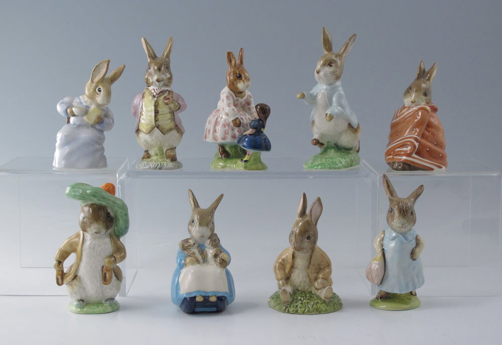 9 BEATRIX POTTER RABBIT FIGURINES: 9 BEATRIX POTTER RABBIT FIGURINES: From the classic Peter Rabbit series of children's stories by Beatrix Potter.