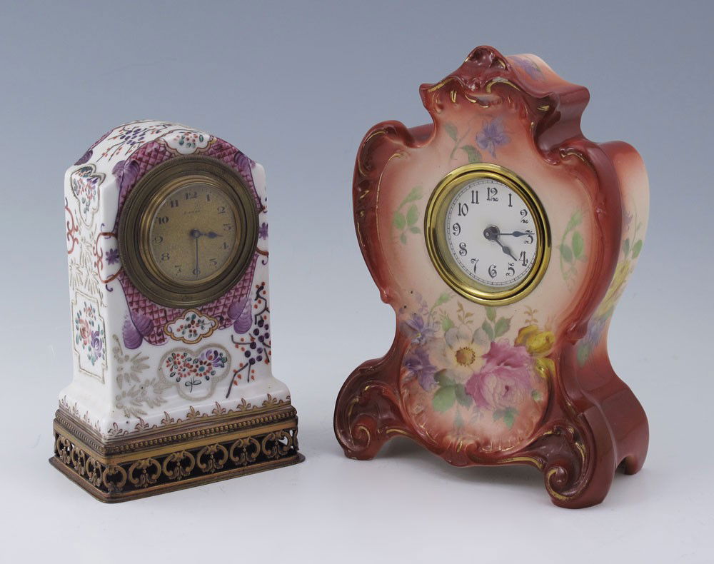 2 PIECE PORCELAIN MANTLE CLOCKS: 2 PIECE PORCELAIN MANTLE CLOCKS: To include 1) German porcelain case with hand painted floral design and gilt decoration. Case marked Agate Made in Germany with other impressed marks. Most likely the