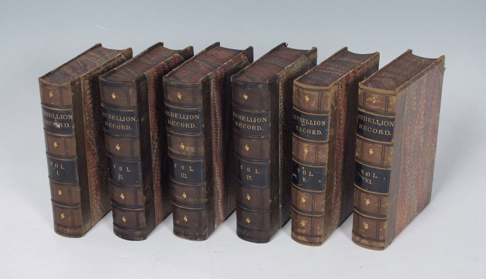 6 VOLUME THE REBELLION RECORD BOOKS 1861: 6 VOLUME THE REBELLION RECORD BOOKS 1861: 6 volume set of ''The Rebellion Records, A Diary of American Events'', edited by Frank Moore, and published by G. P. Putnam 1862. Each volume contains account