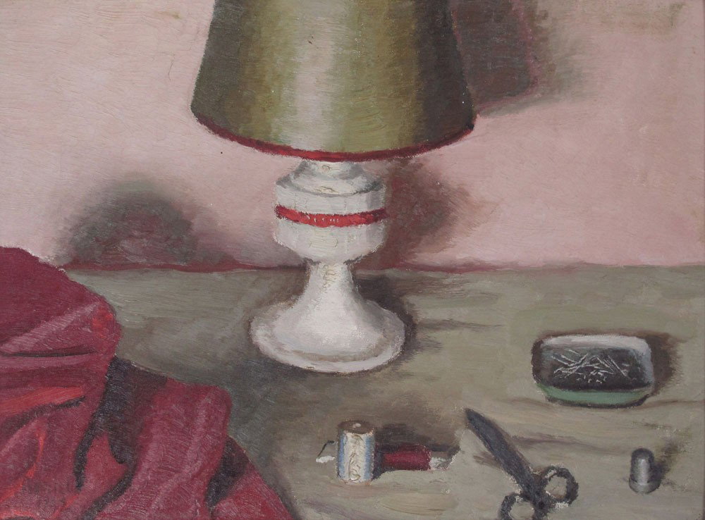VITTORIO BORRIELLO ITALIAN STILL LIFE PAINTING: BORRIELLO, Vittorio, (Italian, 1896-): Still Life on Sewing Table, Oil/Canvas board, 14" x 18", signed and dated 1942, painted frame with wear, 18" x 22".