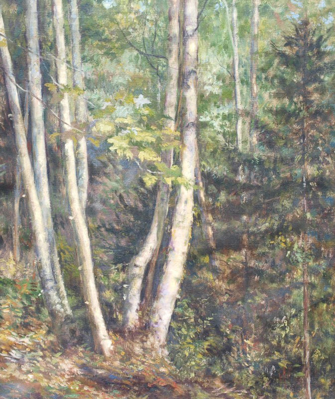 AMERICAN IMPRESSIONIST LANDSCAPE PAINTING: AMERICAN IMPRESSIONIST PAINTING OF BIRCHES AND FOREST: Oil/Canvas, 24" x 20", no visible signature, period frame with wear, 29" x 25, label verso with attribution to Mary Titcomb.