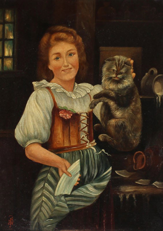 NAUGHTY KITTY PAINTING BY B. BAUCKHAM : NAUGHTY KITTY OIL/BOARD BY B. BAUCKHAM: 11 3/4" x 9", monogrammed lower left, signed verso, encased in carved and gilded frame with minor wear, 18" x 15".