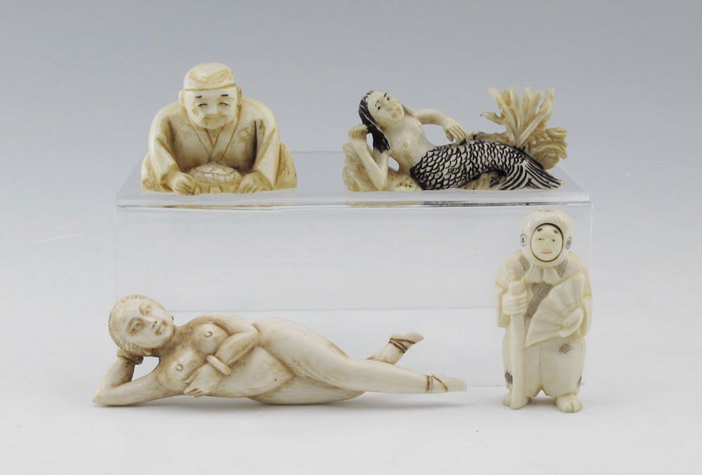 4 PIECE CARVED IVORY NETSUKE & FIGURES: 4 PIECE CARVED IVORY NETSUKE & FIGURES: To include 1) Carved nude woman, 4" l. 2) Carved mermaid. 2 1/2" l. 3) Seated man with turtle netsuke, signed, 1 1/2" h. 4) Articulated face netsuke, 2 1/8" h.