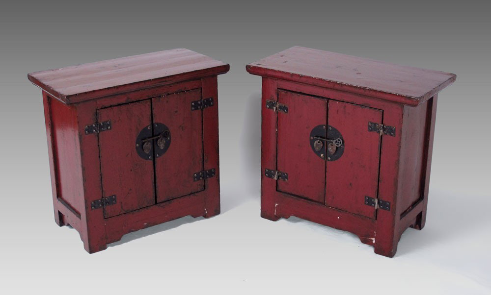 2 ANTIQUE CHINESE SIDE CABINETS 23" tall: TWO ANTIQUE CHINESE DIMINUTIVE SIDE CABINETS: Late 19th c. pair in original red lacquer. Yumu (Elm) and Shammu (fir) wood. Approx. 23" h. x 12"d. x 21"h. Certificate of Antiquity is inside the cabinet