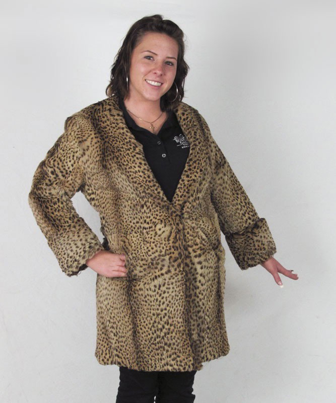 VINTAGE FULL LENGTH LEOPARD FUR COAT : STROUSS HIRSHBERG'S LEOPARD FUR FULL LENGTH COAT: Young Leopard Fur Coat with wide collar and cuffs. Lined in tan satin, coat has exterior pockets and is small to medium in size and 36" in length. Cuf