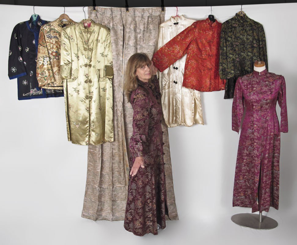 CHINESE & JAPANESE SILK DRESSES, COATS, SKIRTS: 9 PIECE LOT CHINESE & JAPANESE SILK CLOTHING: 1) Magenta and silver woman's extra small full length dress, 52" in length in good condition; 2) Red and gold woman's medium jacket, 27" in length in good