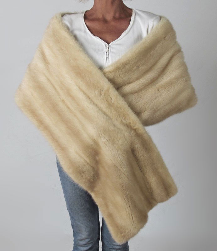 BLONDE MINK WRAP: BLONDE MINK WRAP: A 77" long wrap with creamy satin lining. JP Allen label. Fur is in good condition, some staining to lining.
