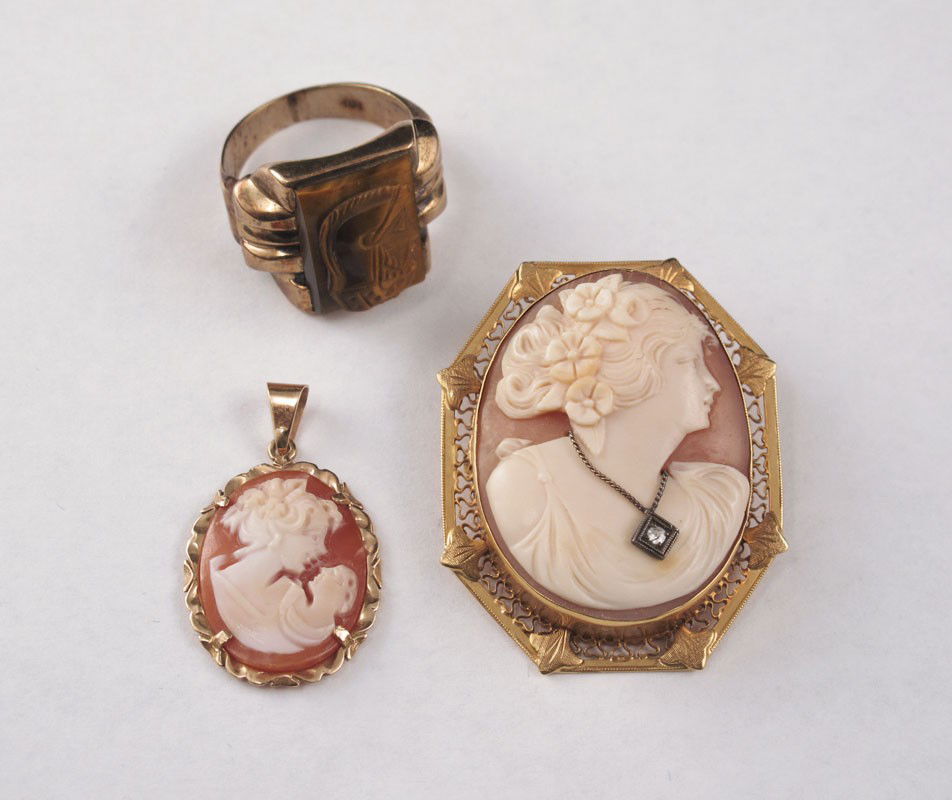 CAMEO HABILLE PENDANTS & TIGER EYE INTAGLIO RING: 3 PIECE LOT OF ESTATE JEWELRY: To include, 1) 14K HABILLE CAMEO brooch pendant, traditional Grecian profile with the added perk of a tiny diamond "necklace", lovely filigree frame, 1 5/8" x 1 1/4", ap