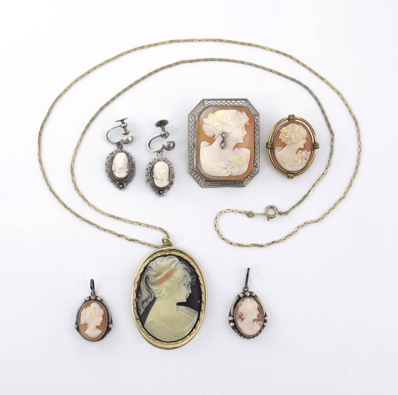 6 PIECES OF CAMEO JEWELRY inc ITALIAN HABILLE: 6 PIECES OF CAMEO JEWELRY: To include, Italian Habille soft shell cameo brooch, rectangular cut profile set with earring in silver filigree frame, 1 3/4" x 1 3/8"; Delicate oval cameo set in gold fill
