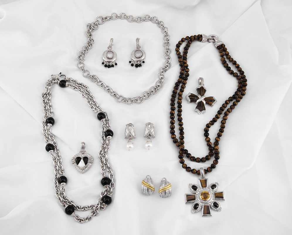 JUDITH RIPKA STERLING JEWELRY: JUDITH RIPKA STERLING JEWELRY: 1) Freshwater pearl drop earrings, pierced, "l. 2) A 34" link chain necklace with black beads. 3) Black bead earrings, 2" dangle convert to simple hoops. 4) Heart pendan